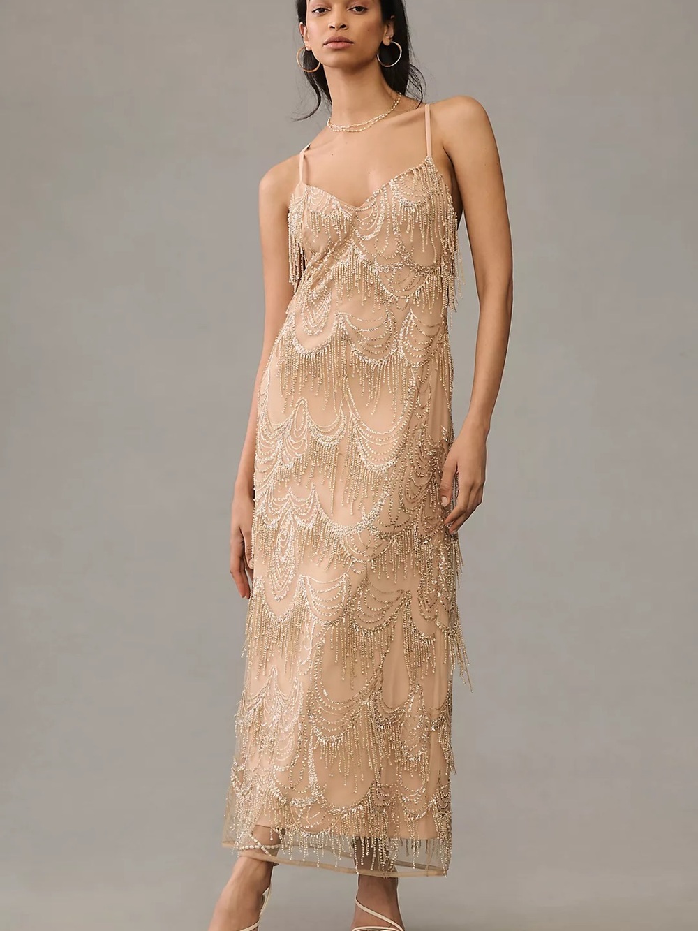 Helsi NWOT Beaded Champagne Midi Slip Dress